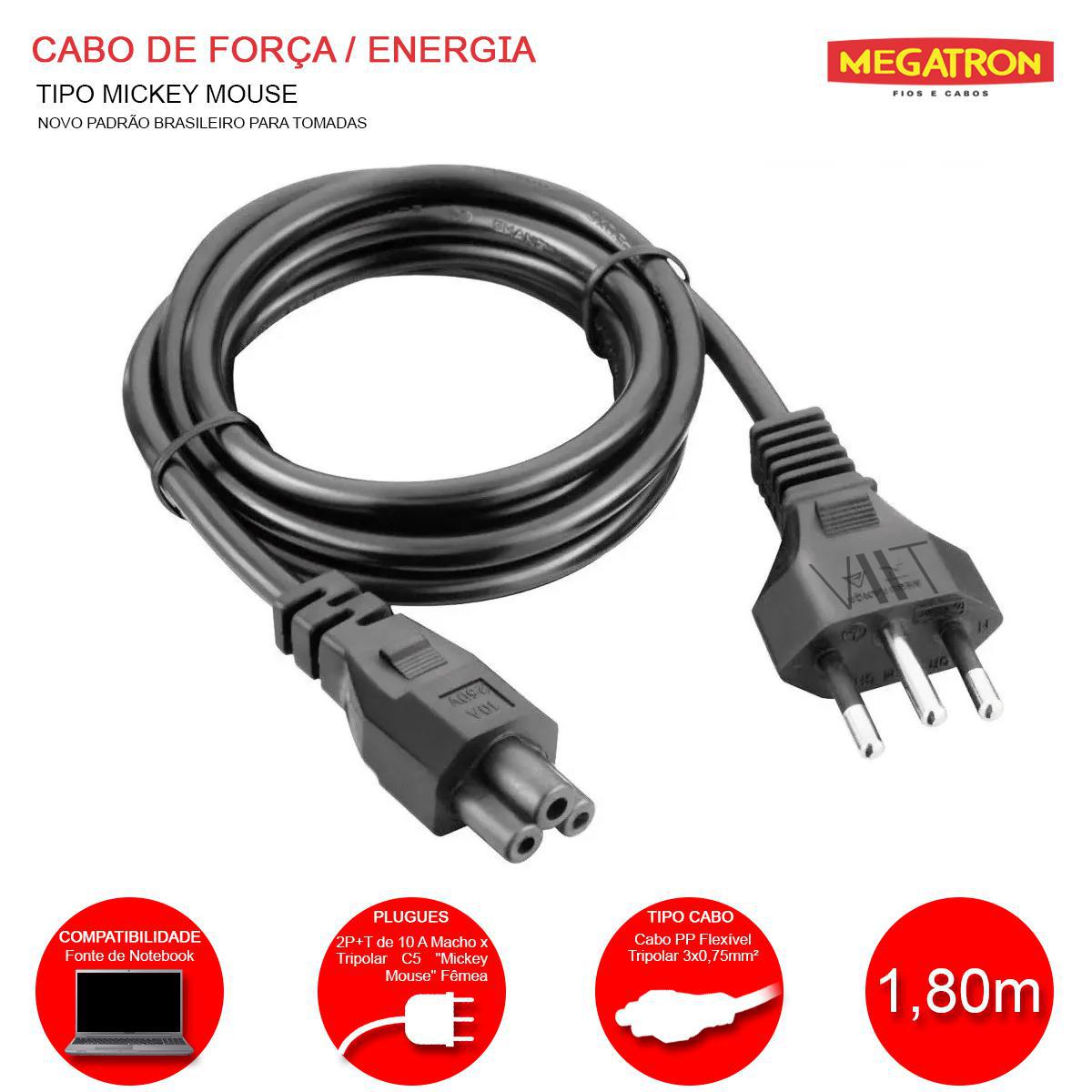 Cabo Força Energia Tripolar Mickey 1,80M Para Fonte Notebook
