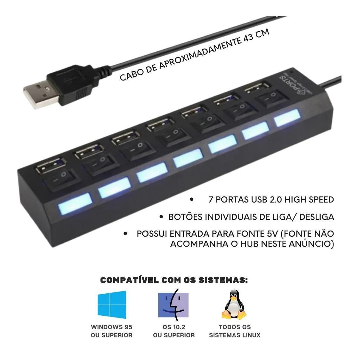 Regua Usb 2.0 Hub 7 Portas Hi-Speed 500Gb